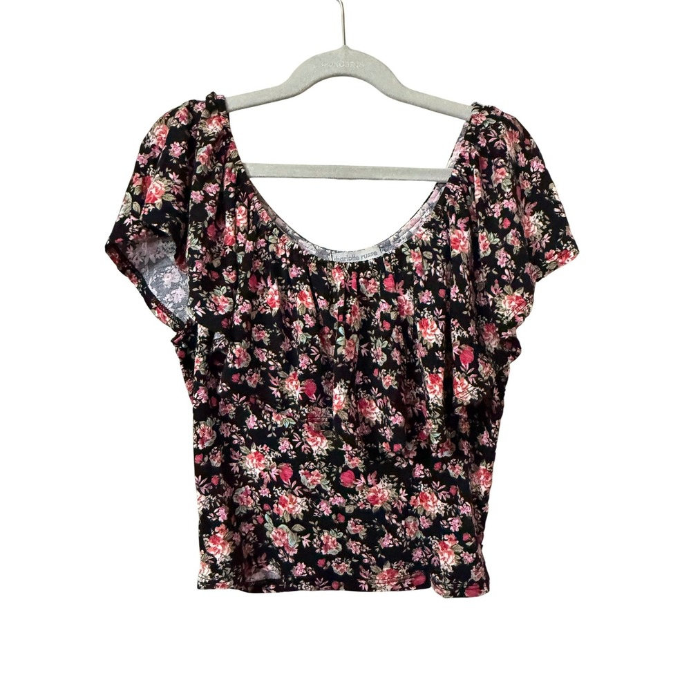 Charlotte Russe Floral Ruffle Crop Top Black Pink Rose Print Short Sleeve Small